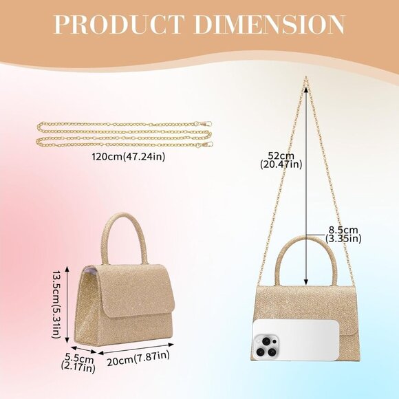 🆕Women's Champagne Glitter Top Handle Evening Purse w/ Chain, Party Prom Date - Picture 2 of 7